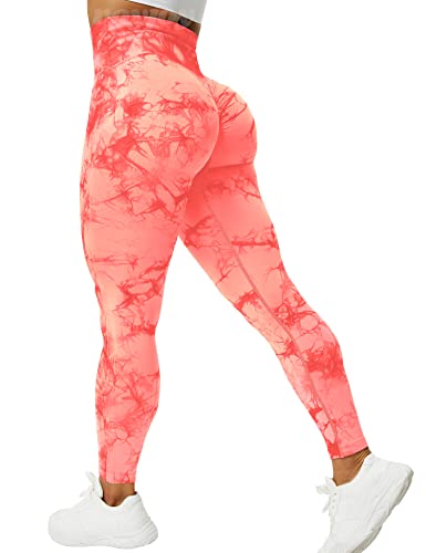 VOYJOY Tie Dye Seamless Leggings for Women High Waist Yoga Pants, Scrunch Butt Lifting Elastic Tights Orange Red